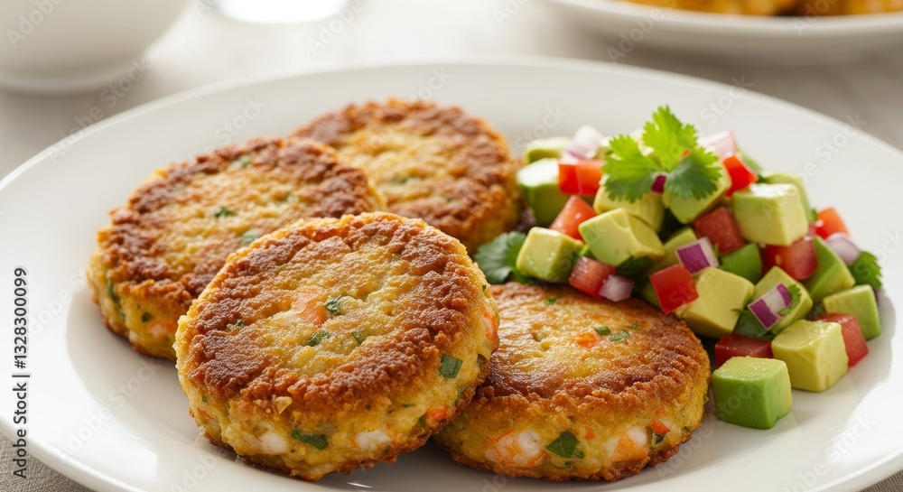 Delicious Crispy Shrimp Cakes with Fresh Avocado Salsa Close up Food Photography Delicious Crispy Shrimp Cakes with Fresh Avocado Salsa Close up Food Photography