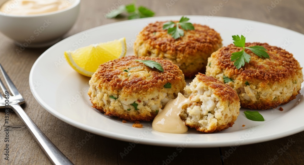Delicious Golden Brown Crab Cakes with Lemon and Creamy Sauce Close Up Food Photography Delicious Golden Brown Crab Cakes with Lemon and Creamy Sauce Close Up Food Photography