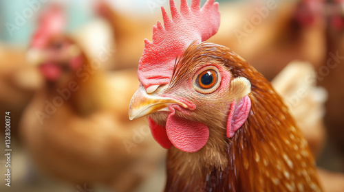 A close-up of a chicken in a farm setting, showcasing its features and surroundings.