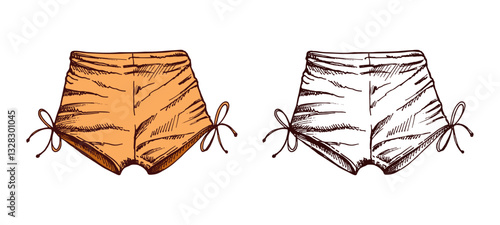 Hand drawn colored and monochrome sketch of tied beach shorts in vintage style