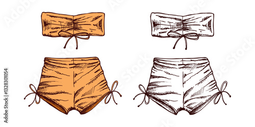 Hand drawn colored and monochrome sketch of two-piece beachwear set with bandeau top and tied shorts in vintage style