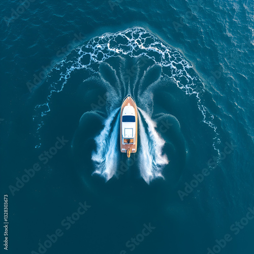 Motorboat forms a circle of waves in ocean top view 