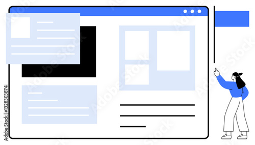 Woman pointing at a web page layout featuring sections, pop-ups, and a sidebar. Ideal for user interface, UX design, prototyping, brainstorming, web development, UI teaching flat simple metaphor
