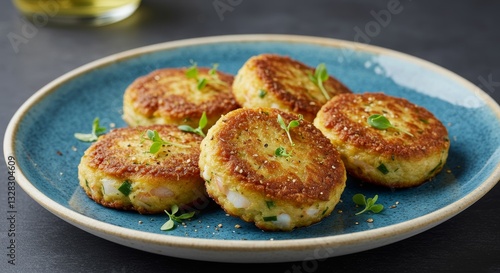 Delicious Golden Brown Shrimp Cakes on a Blue Plate Close Up Food Photography