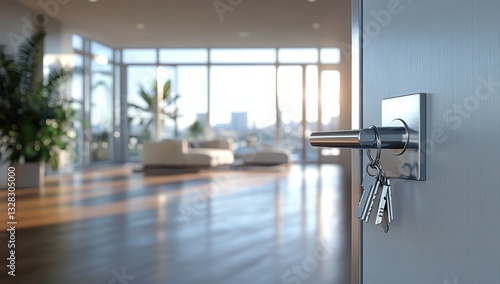 Modern Interior Design with Key Hanging on Door Lock in Bright Open Space Featuring Large Windows and Cozy Living Area