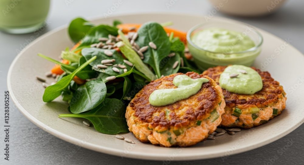 Delicious Salmon Patties with Creamy Avocado Sauce and Spinach Salad Delicious Salmon Patties with Creamy Avocado Sauce and Spinach Salad