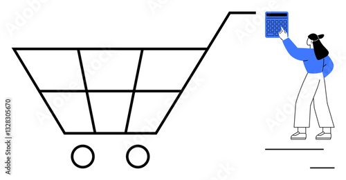 Large minimalist shopping cart outline with a woman operating a calculator in blue and white. Ideal for shopping, budgeting, finance, decision-making, e-commerce, retail, market planning. Flat simple