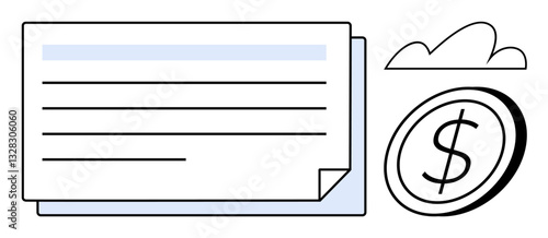 Paper document with horizontal lines, highlighted section, large dollar coin, and a simple cloud icon. Ideal for finance, cloud storage, payment processes, online banking, savings investment