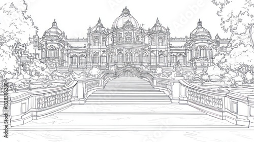 Architectural sketch, grand palace, ornate staircase,  garden backdrop, drawing,  art print,  historical building,  perspective view