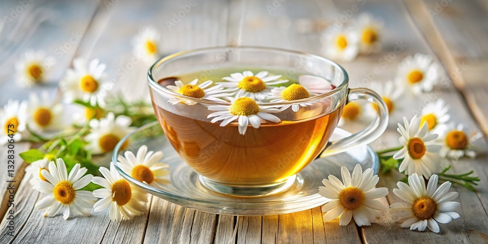 Relaxing Chamomile Tea: Up Close Candid Photo of Blooming Flowers in a Steaming Cup Relaxing Chamomile Tea: Up Close Candid Photo of Blooming Flowers in a Steaming Cup