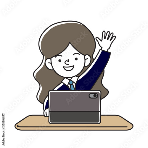 タブレット端末で学習をする笑顔の子供のベクターイラスト