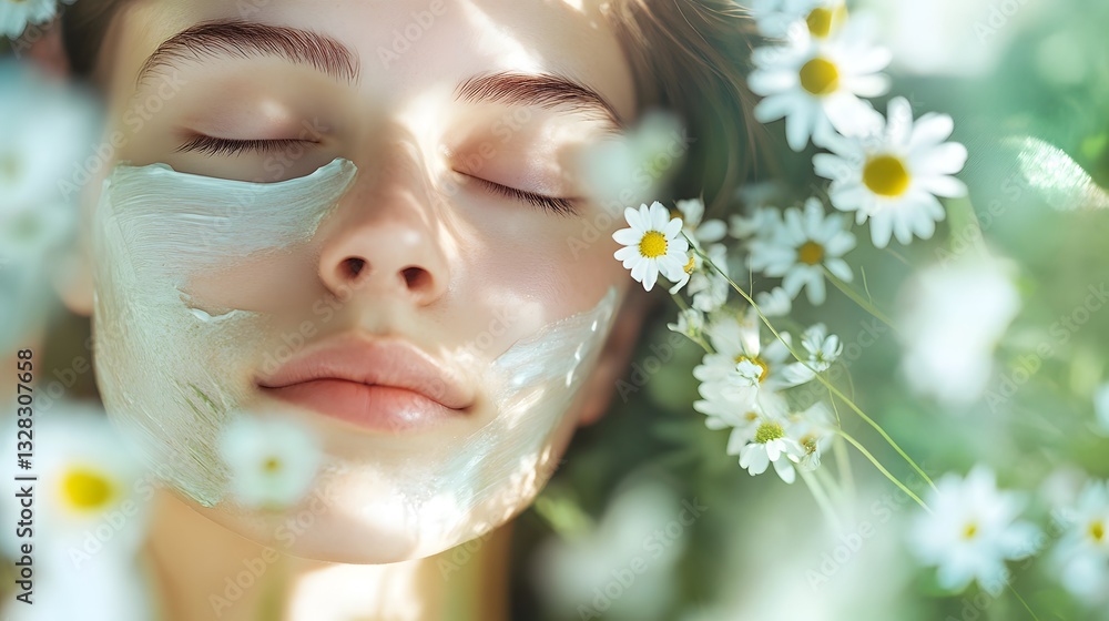 A calming sensitive skin facial treatment with soothing ingredients like chamomile and aloe vera The client is shown with a gentle mask applied to her face A calming sensitive skin facial treatment with soothing ingredients like chamomile and aloe vera The client is shown with a gentle mask applied to her face