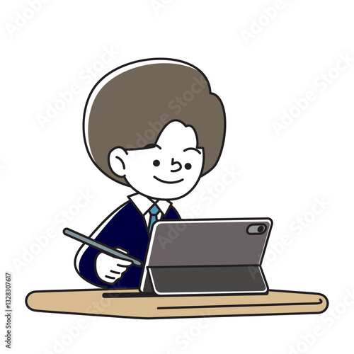 タブレット端末で学習をする笑顔の子供のベクターイラスト