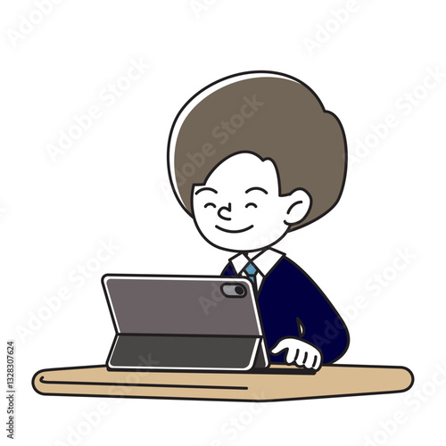 タブレット端末で学習をする笑顔の子供のベクターイラスト