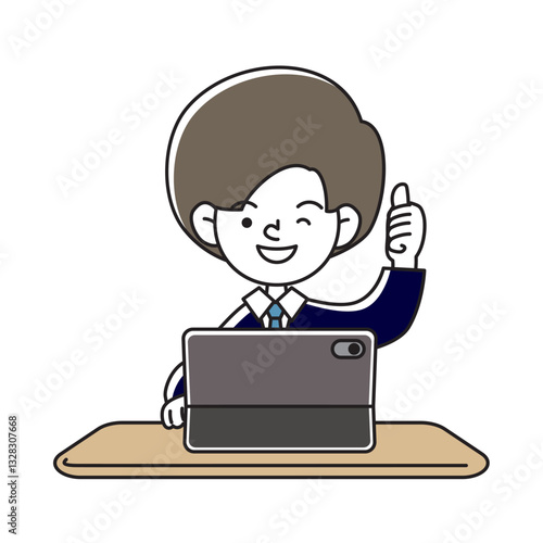 タブレット端末で学習をする笑顔の子供のベクターイラスト