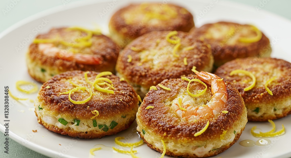 Delicious Golden Brown Shrimp Cakes Lemon Zest Garnish Close up Food Photography Delicious Golden Brown Shrimp Cakes Lemon Zest Garnish Close up Food Photography