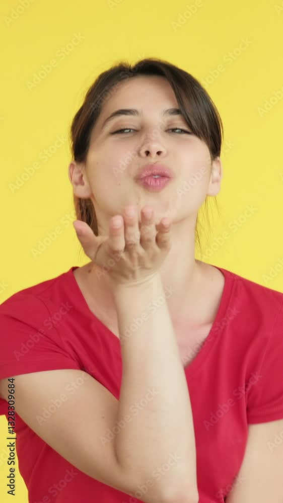 Vertical video. Heart symbol. Air kiss. Woman showing love heartfelt adore amour hand gestures affectionate body language isolated on yellow free space background. Vertical video. Heart symbol. Air kiss. Woman showing love heartfelt adore amour hand gestures affectionate body language isolated on yellow free space background.