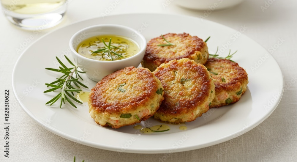 Delicious Golden Brown Crab Cakes with Herb Sauce Gourmet Appetizer Food Photography Delicious Golden Brown Crab Cakes with Herb Sauce Gourmet Appetizer Food Photography