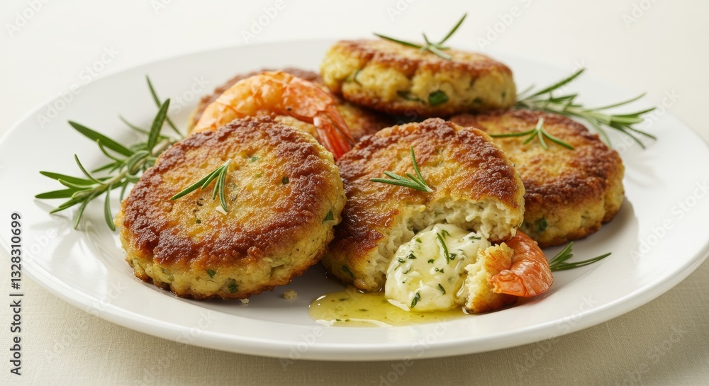 Delicious Golden Brown Shrimp Cakes with Rosemary and Melted Butter Close Up Food Photography Delicious Golden Brown Shrimp Cakes with Rosemary and Melted Butter Close Up Food Photography