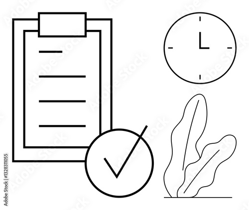 Clipboard with checklist, clock representing time management, and minimalistic plant decor. Ideal for productivity, planning, organization, efficiency, time management goal setting workflow. Flat