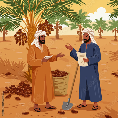 Farmers Discussing Date Harvest in Date Palm Tree Orchard Illustration