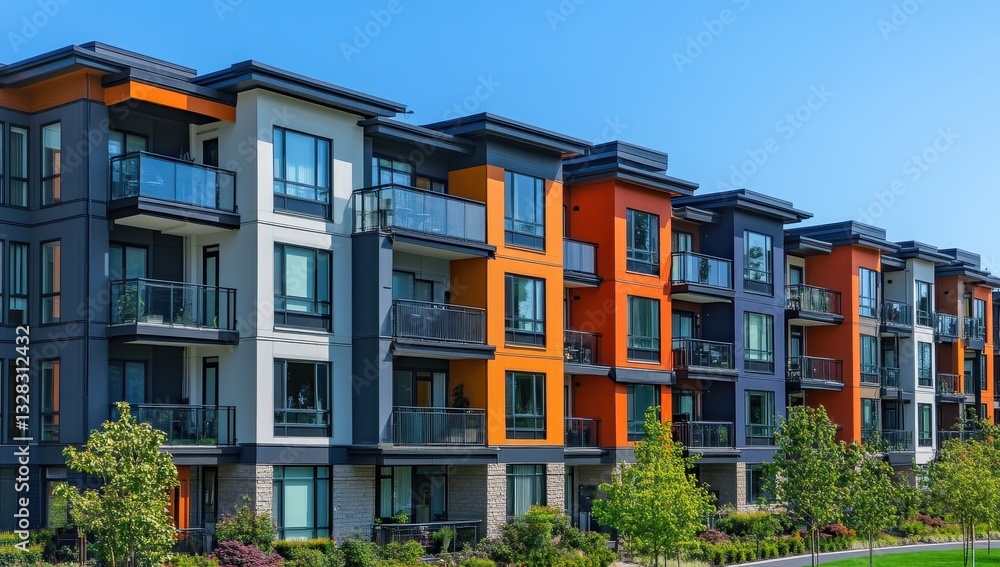 Fototapeta premium Modern residential apartments with colorful exterior designs, balconies, and landscaped green spaces under a bright blue sky in a vibrant urban setting