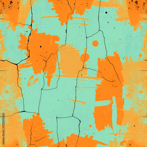 brushstroke pattern with uneven, cracked paint strokes in faded teal and rust orange