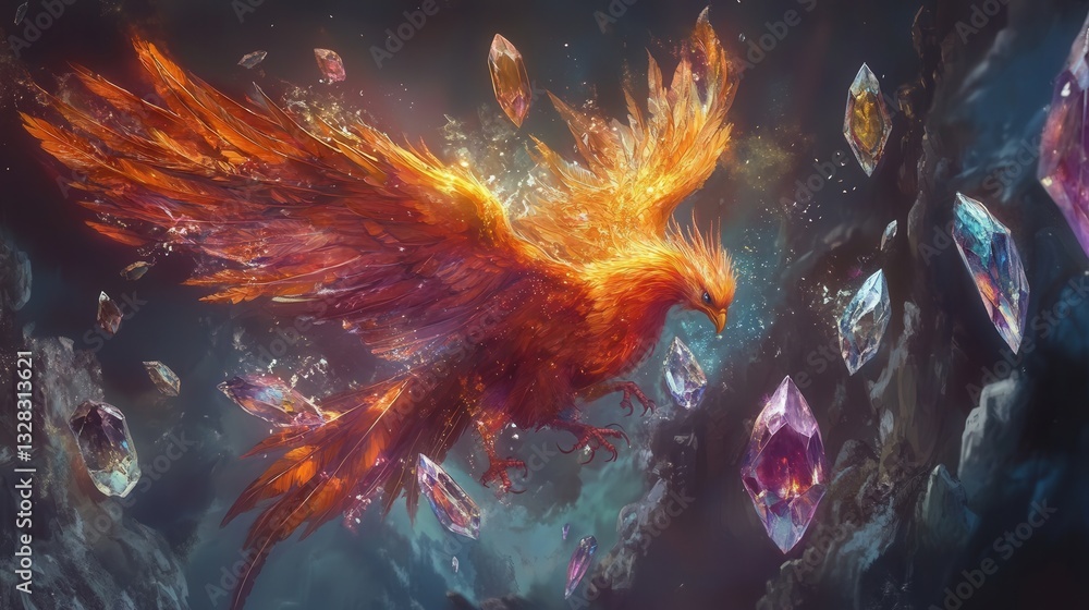 phoenix shedding crystal feathers that turn into gemstones. phoenix shedding crystal feathers that turn into gemstones.