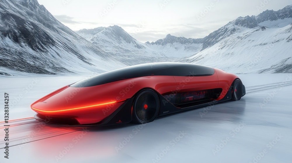 Naklejka premium Futuristic red car on snowy mountain landscape