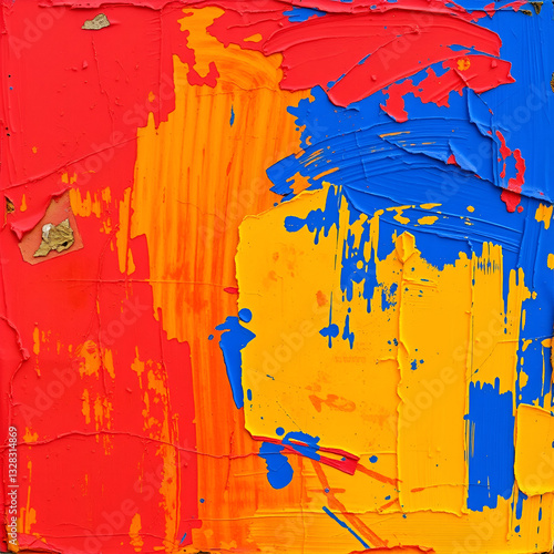 brushstrokes in deep red, blue, and golden yellow background 