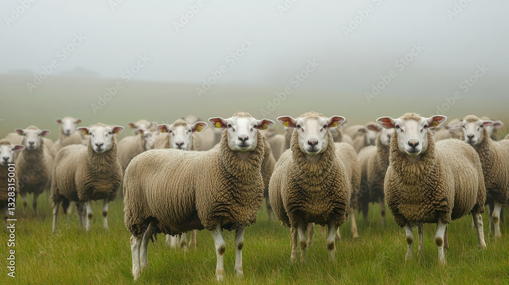 Fototapeta premium A flock of sheep stands in a misty field, creating a serene rural atmosphere.