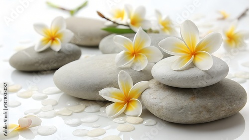 Spa stones with frangipani flowers on white background, spa, stones, frangipani, flowers, relaxation, wellness, aromatherapy
