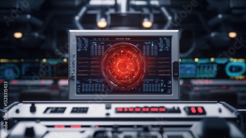 Wallpaper Mural A futuristic control panel displays a glowing red graphic, set in a high-tech environment filled with screens and buttons. Torontodigital.ca