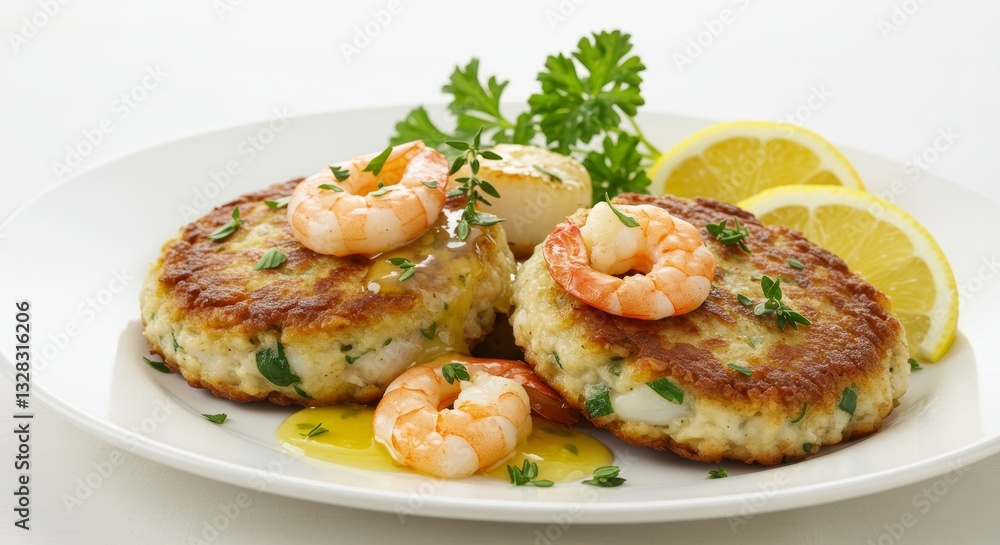 Delicious Seafood Cakes with Shrimp Lemon and Herbs Gourmet Food Photography Delicious Seafood Cakes with Shrimp Lemon and Herbs Gourmet Food Photography