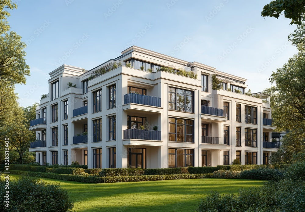 Fototapeta premium Modern residential building with balconies surrounded by lush greenery and open space in a bright and sunny atmosphere