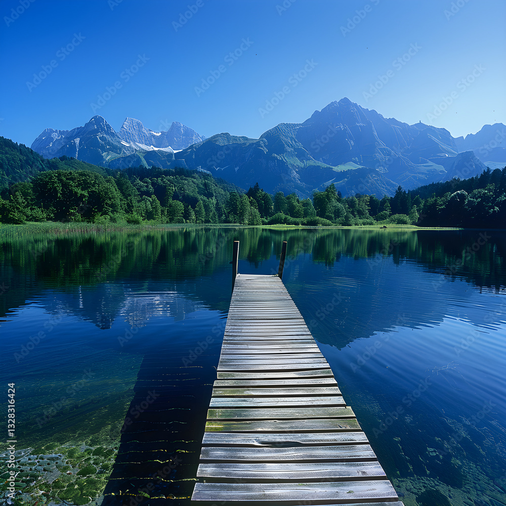 Serene Lake with Wooden Pier and Majestic Mountain Reflections Under Clear Blue Sky Serene Lake with Wooden Pier and Majestic Mountain Reflections Under Clear Blue Sky