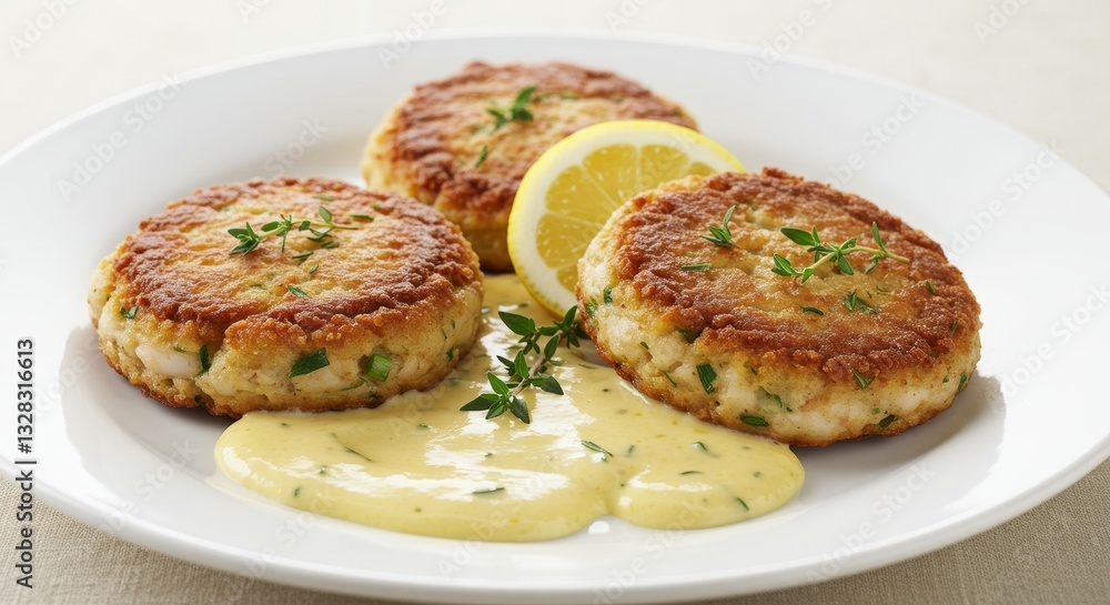 Delicious Pan Fried Crab Cakes with Lemon and Creamy Sauce Garnish Delicious Pan Fried Crab Cakes with Lemon and Creamy Sauce Garnish