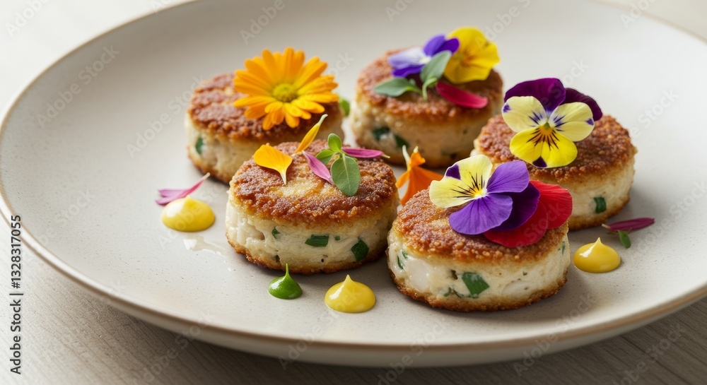 Gourmet Fish Cakes with Edible Flowers Delicious Appetizer Restaurant Food Gourmet Fish Cakes with Edible Flowers Delicious Appetizer Restaurant Food