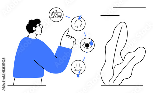 Person interacting with illustrations of sensory icons hand, ear, eye, nose, and tongue. Ideal for education, healthcare, biology sensory perception neuroscience learning human experience. Flat