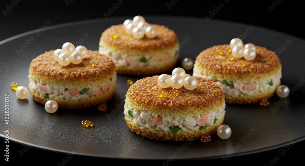 Gourmet Seafood Appetizers Crispy Breaded Cakes with Creamy Shrimp Filling Pearl Garnish Gourmet Seafood Appetizers Crispy Breaded Cakes with Creamy Shrimp Filling Pearl Garnish