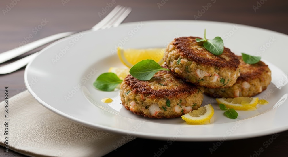 Delicious Golden Brown Crab Cakes with Lemon Garnish Close Up Food Photography Delicious Golden Brown Crab Cakes with Lemon Garnish Close Up Food Photography
