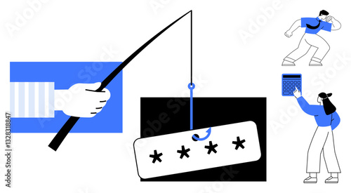Hand holding a phishing hook with password bait, individuals inspecting suspicious activities. Ideal for cybersecurity, phishing scams, internet safety, data protection, online threats, password