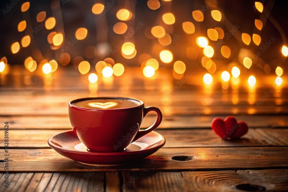 Obraz premium Romantic Valentine's Day Coffee: Wooden Calendar & Cozy Cup on Rustic Table