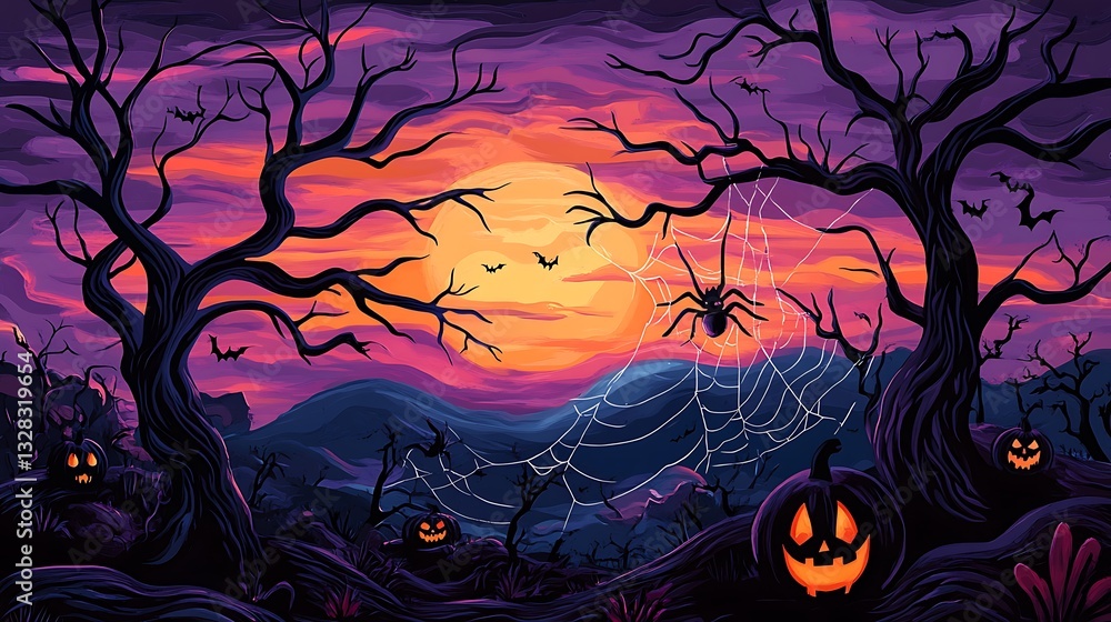 Fototapeta premium Halloween Sunset: Digital Painting of Spooky Forest Scene AI Generated
