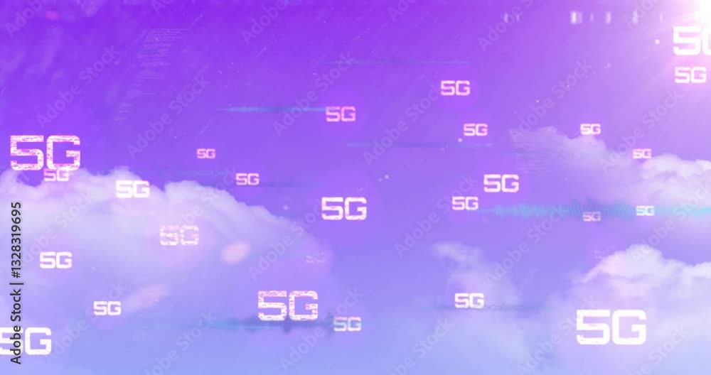 Animation of 5G text over purple sky with clouds, digital connectivity concept Animation of 5G text over purple sky with clouds, digital connectivity concept