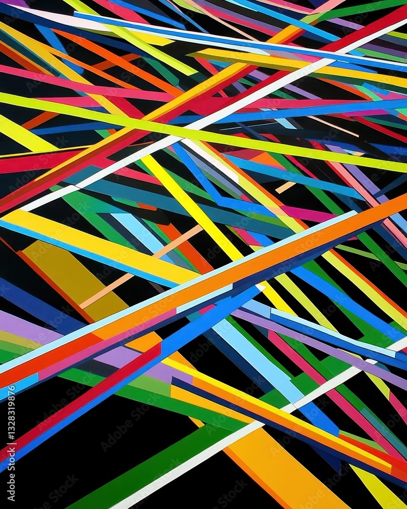 A vibrant close-up of an abstract painting featuring an array of colorful, overlapping strips of lines in various widths, creating a dynamic interplay of hues and textures. A vibrant close-up of an abstract painting featuring an array of colorful, overlapping strips of lines in various widths, creating a dynamic interplay of hues and textures.