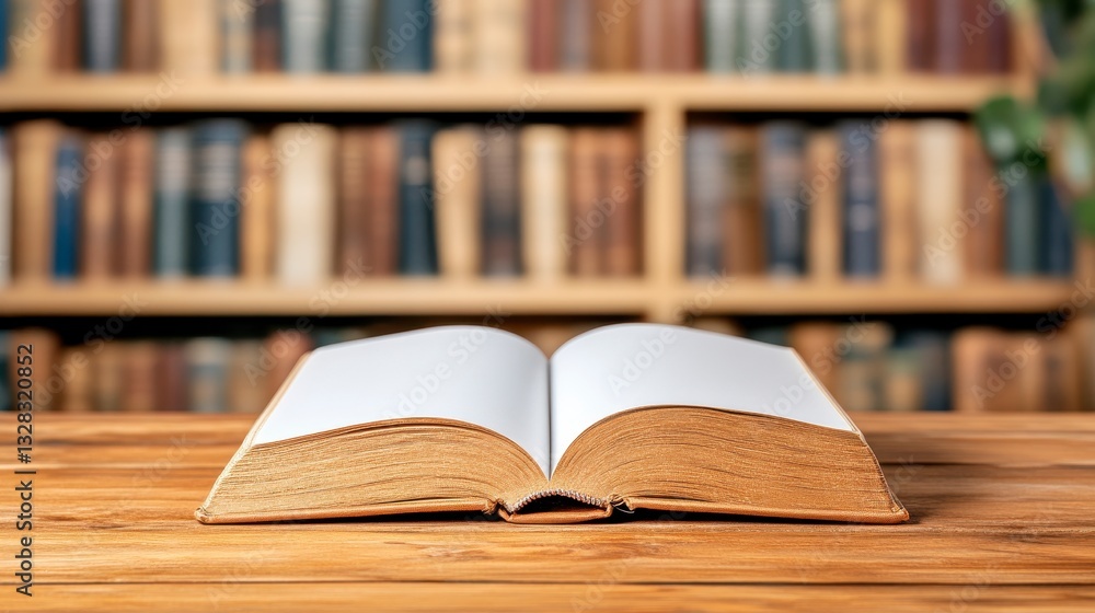 Aged Open Book on Wooden Table with Blurred Bookshelf Background Aged Open Book on Wooden Table with Blurred Bookshelf Background