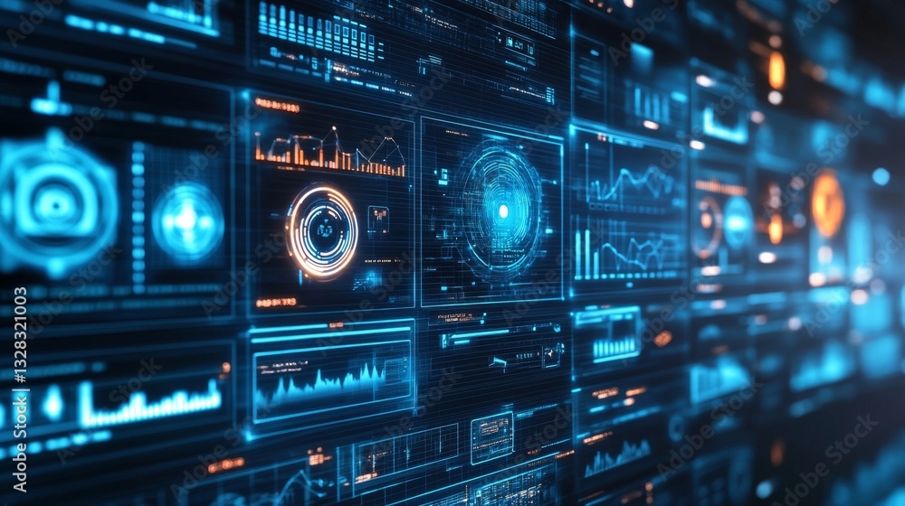 Futuristic AI Control Center with Holographic Screens and Data Displays for Technology Concept Illustration Futuristic AI Control Center with Holographic Screens and Data Displays for Technology Concept Illustration