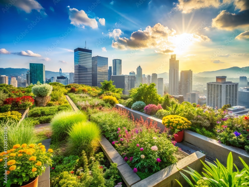 Fototapeta premium Rooftop Urban Garden Cityscape View: Flourishing Plants Overlooking Modern Buildings & Mountains