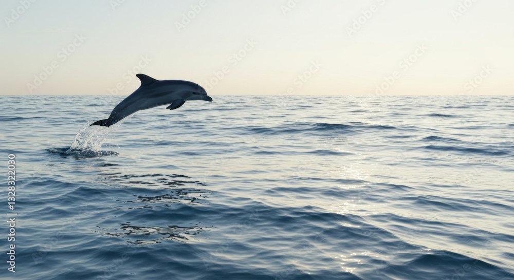 Obraz premium A Stunning View of a Dolphin Leaping Gracefully Out of the Ocean During a Calm and Serene Sunset